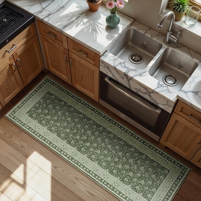 Lahome Green Washable Runner Rug, Low Plie Soft 2x6 Runner Rug Non Slip Kitchen Runner, Vintage Floral Carpet Runners for Bedroom Entryway Bathroom (2'x6', Green)