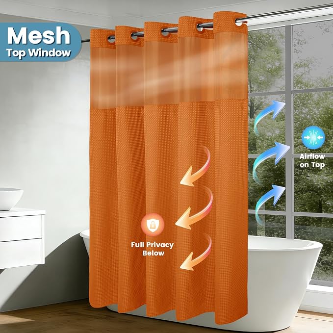 EUTXL Heavyweight Burnt Orange No Hook Shower Curtain with Snap in Liner,256GSM Waffle Weave Shower Curtains for Bathroom,71W x 74H