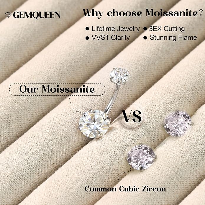 GEMQUEEN Moissanite ＆ G23 TItanium Belly Button Ring 18K Gold Plated Hypoallergenic Internally Threaded Belly Rings 14G Navel Piercing Jewelry For Women Men D Color VVS1 Clarity Brilliant Cut