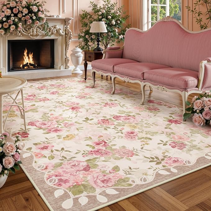 Lahome Floral Washable Rugs 9x12, Large Area Rugs for Living Room | Soft Non-Slip Thin Vintage Boho Bedroom Carpet for Dining Room Playroom Nursery Farmhouse, Nina Beige/Pink/Multi