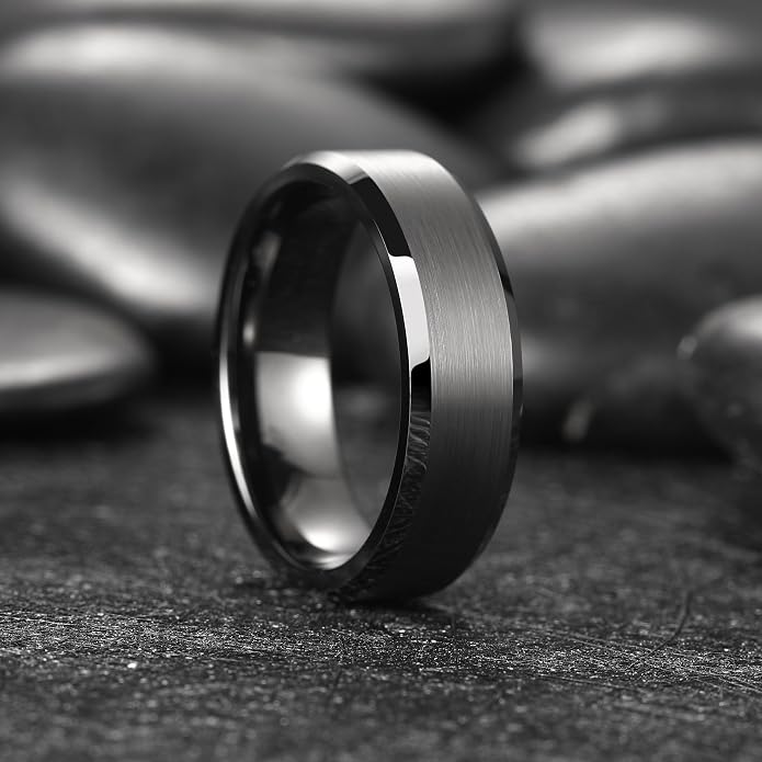 King Will Tungsten Men's Wedding Ring - Available in 6mm to 10mm, Black/Silver, Matte Finish, Beveled Polished Edge, Comfort Fit