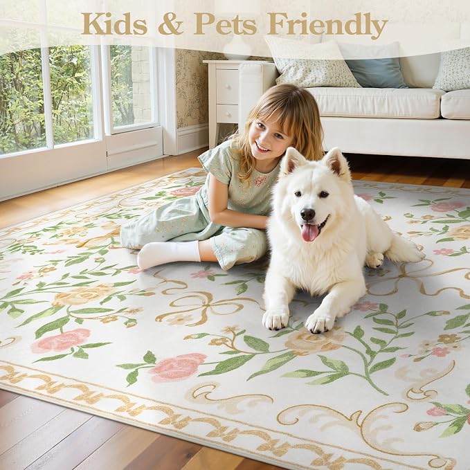 Collive Floral Rugs for Girls, 5x7 Boho Gold Bow Washable Area Rug for Living Room, Cute Ultra-Thin Non Slip Indoor Decor Carpet for Nursery Kids Room Bedroom Playroom