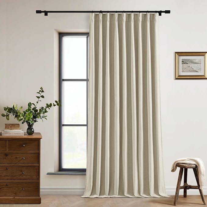 Burlywood Birch Pleated Blackout Linen 92 Inch Long Curtains 60 Inch Wide | 100% Black Out, Memory Trained, Pinch Pleat with Back Tab, Energy Efficient, Thermal Insulated Neutral Drapes W60xL92 1 Panel