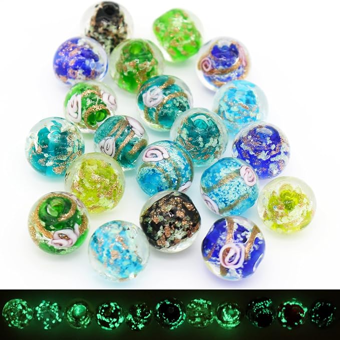 Artsy Crafts 60 Pcs Assorted Glow in The Dark Firefly Beads 12mm European Lampwork Luminous Glass Beads for Jewelry Making Charm Bracelet Necklace Earrings Crafts (Blue Series 60pcs)