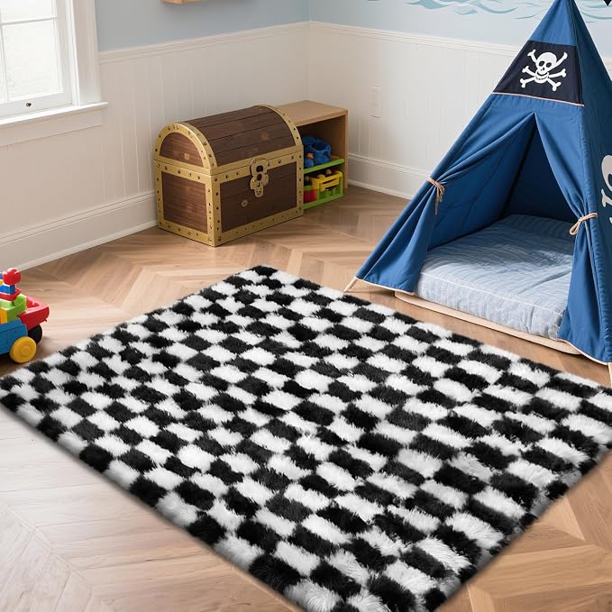 Checkered Rug for Bedroom, 4x6 Black and White Area Rugs, Classic Checkered Carpets Shag Area Rug, Bedside Rugs for Living Room Bedroom Room Home Decor
