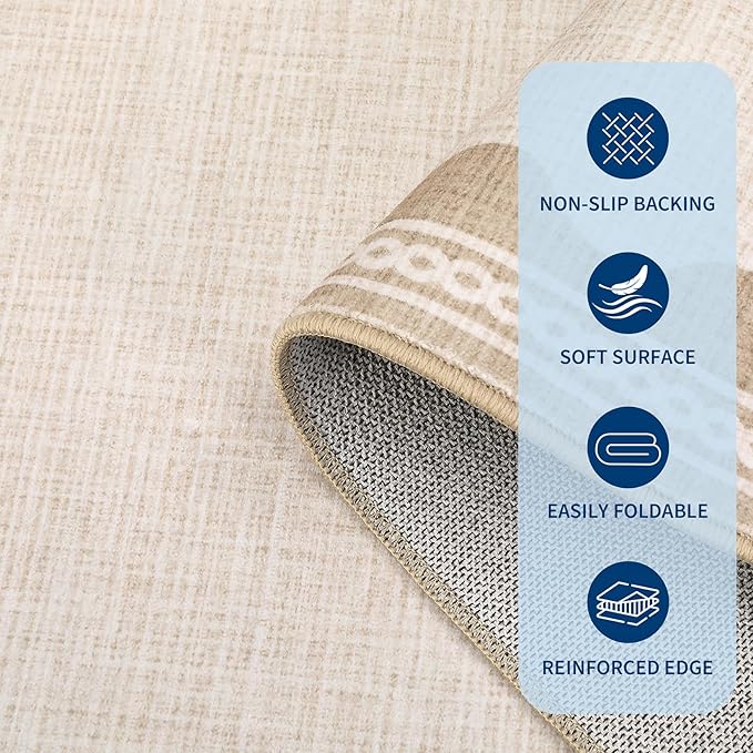 GarveeHome Scalloped Beige 8x10 Rug for Living Room Washable Non-Slip Solid Modern Minimalism Low-Pile Carpet 8 x 10 Rug for Bedroom Dining Nursery Mat with Rubber Back