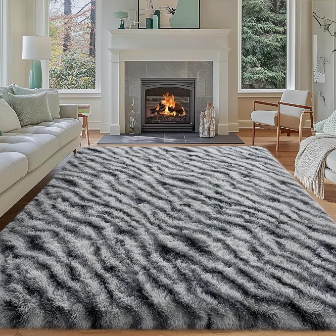 Dssimo Zebra Area Rug for Living Room, 8x10 Fluffy Large Rugs for Bedroom | Shaggy Fuzzy Upgrade Non-Slip Zebra Print Rug for Nursery Kids Room Dorm Room Home Decor, Indoor Plush Floor Carpet