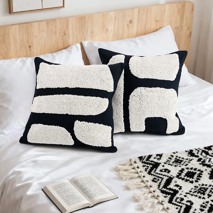 LandIdyll 2 Pcs Black and Cream Chunky Tufted Pillow Covers 18 x 18 Inch Boho Black and White Throw Pillow Covers Set Decorative Modern Abstract Geometric Pillowcase for Living Room Bed Couch Sofa