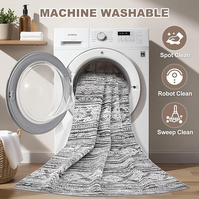 Nakagishi 8x10 Area Rugs Living Room: Washable Large Neutral Soft Rug Stain Resistant Non-Slip Carpet for Men Modern Home Enthusiasts Aged 25-45 - High Traffic Areas - Bedroom Office - Black White