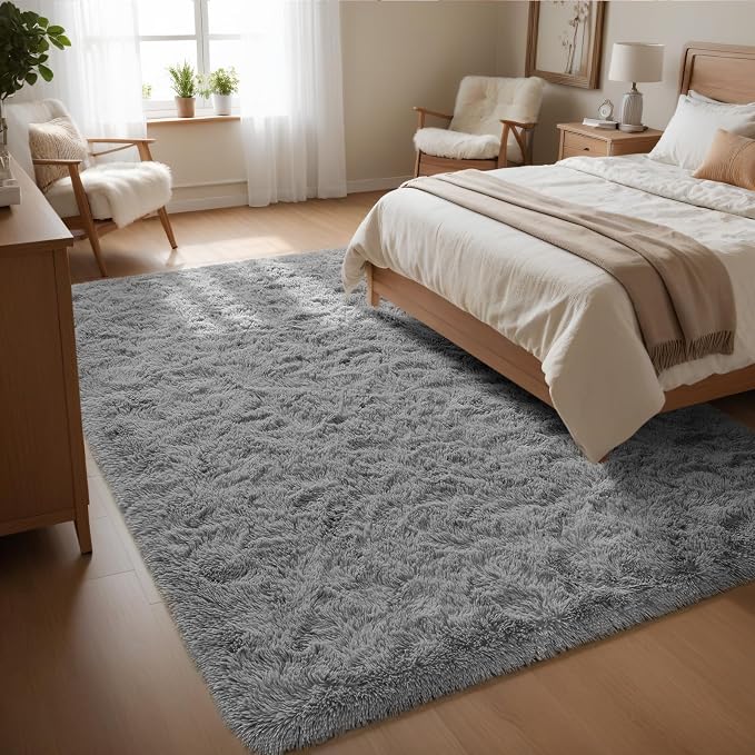 Macgace 4x6 Grey Area Rugs for Living Room, Super Soft Fluffy Rug with Non-Slip Backing for Girls Boys Bedroom Baby Nursery, Solid Shag Carpet Modern Home Interior Decor