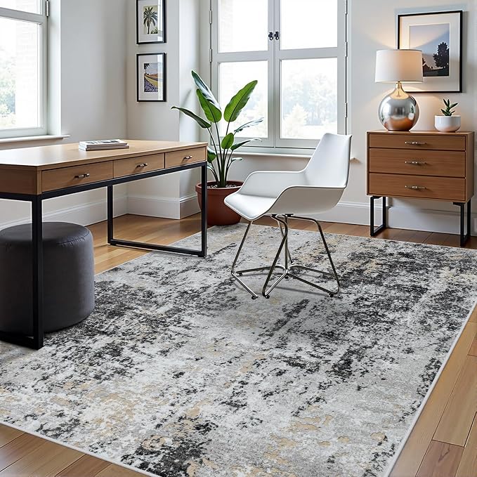 5x7 Area Rugs for Living Room Rug Washable: Abstract Rug for Dining Room Bedroom Carpet Non Slip 5 by 7 Indoor Modern Nursery Home Office Black Grey Gold