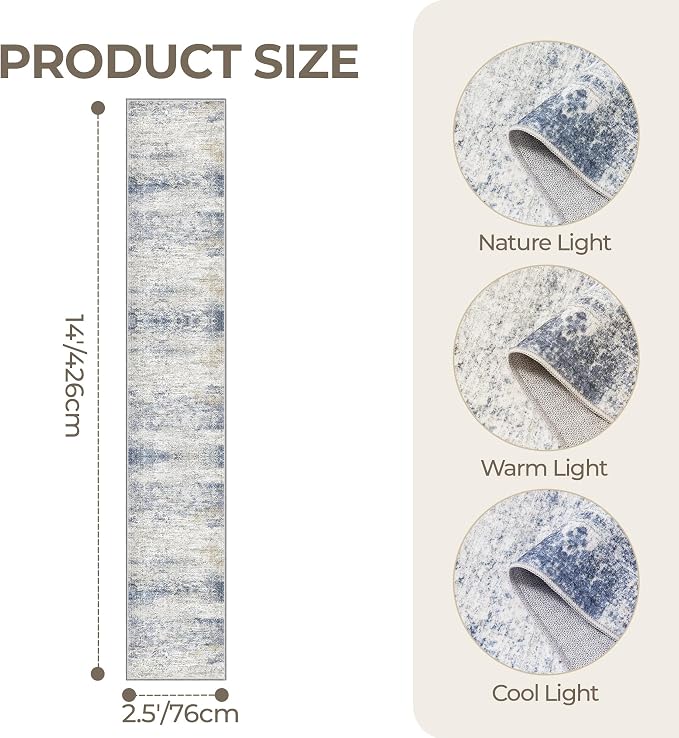 2'6 x 14' Runner Rug Non Slip,Washable Kitchen Rugs,Blue | 14 ft Runner Rug for Hallway,Entryway,Bedroom,Living Room,Thin,Soft, Extra Long Rug,Stain Resistant Indoor Carpet