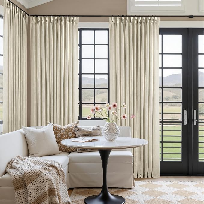 Pinch Pleated Extra Wide Beige Linen Curtain 90 Inches Long 70 Wide 1 Panel | for Patio Sliding Door Living Room, Pinch Pleat with Hooks Rings, Room Divider, Light Filtering Semi Sheer Privacy W70xL90