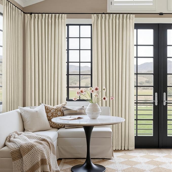 Pinch Pleated Extra Wide Beige Linen Curtain 84 Inches Long 70 Wide 1 Panel | for Patio Sliding Door Living Room, Pinch Pleat with Hooks Rings, Room Divider, Light Filtering Semi Sheer Privacy W70xL84