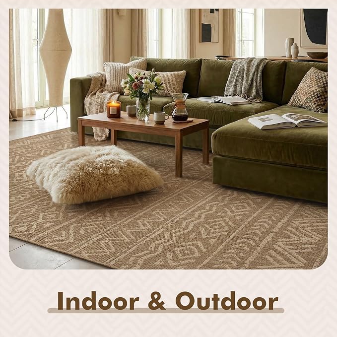 MontVoo-Outdoor Rug-Patio Rug 4x6 Polypropylene Indoor Outdoor Rugs Outdoor Carpet for Patio Deck Balcony Porch, Textured Weave, Durable for High Traffic, Fade-Resistant, Boho Farmhouse Neutral Brown
