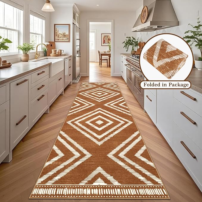 Boho Runner Rugs for Hallway 2.6x12ft Non Slip, Long Brown Washable Farmhouse Kitchen Rug Runners Non Shedding, Moroccan Floor Carpets for Doorway Entryway Living Room Home Decor