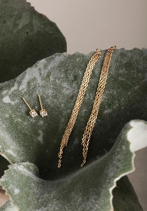 S.Leaf S925 Sterling Silver Threader Chain Earrings 18K Gold Plated Cubic Zirconia Dainty Dangle Double Piercing Long Drop Dangly Pull Through Tassel Chain Earrings Gifts for Women