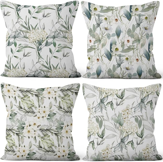 4 Pcs/Set Flowers Pillow Covers Summer White Floral Green Leaves Plants Watercolor Natural Scenery Linen Throw Pillow Covers for Outdoor Couch Sofa Farmhouse Bedroom Decor, 24"x24"