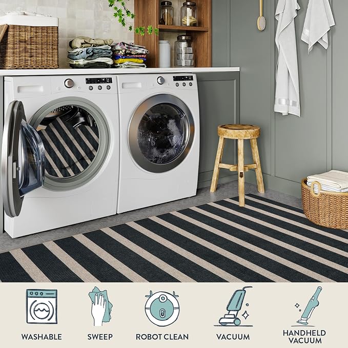 Lahome Striped Easy Jute Kitchen Runner Rug, 2x6 Washable Rugs for Hallways | Indoor Outdoor Black Non Slip Entryway Runners, Modern Farmhouse Neutral Carpet for Laundry Room Front Porch Entry