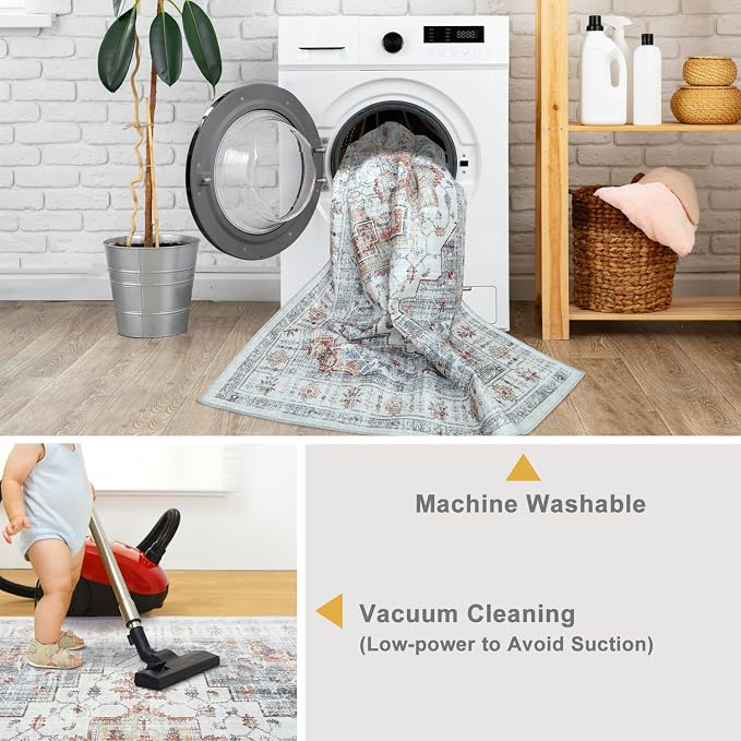 Mandala - Indoor Area Rugs 2x8 Washable, Stain Resistant Machine Washable Rugs for Living Room, Bedroom, and Modern House Décor - Durable Polyester Material, Colorful Patterned - Beige & Grey