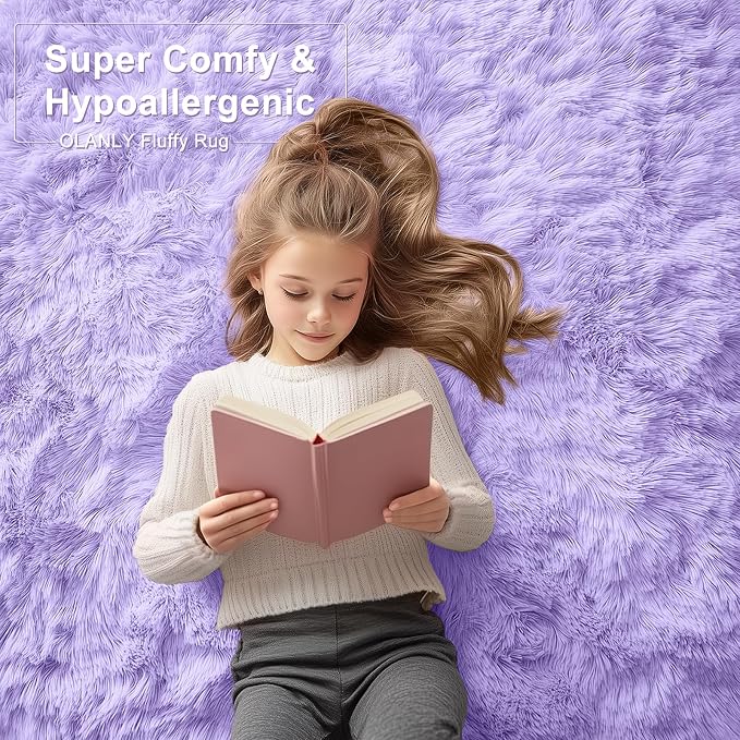 OLANLY 2x6 Machine Washable Runner Rugs for Hallway, Soft Fluffy Shaggy Bedside Rugs for Bedroom, Living Room, Indoor Floor Carpet for Kids Girl Boy, Nursery Rooms, Home Decor Aesthetic, Light Purple