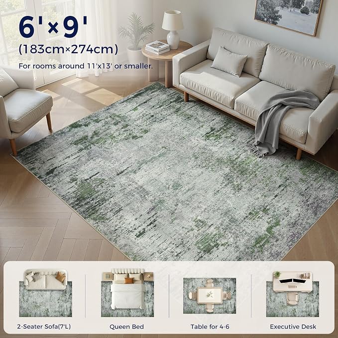 DMOYEST Area Rug Living Room Rugs - 6x9 Large Soft Indoor Neutral Modern Abstract Low Pile Washable Rug Carpet for Bedroom Dining Room Farmhouse Home Office - Green/Grey/Brown