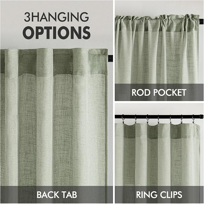 MIULEE Sage Linen Curtains 108 Inch Length 2 Panels for Bedroom Living Room,Green Soft Thick Linen Textured Window Drapes Semi Sheer Light Filtering Back Tab Rod Pocket Burlap Look Decor