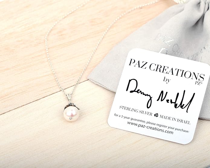 Paz Creations 925 Sterling Silver Pearl Pendant Necklace with Round Ball-Shape White Freshwater Pearl and Handcrafted Floral Cap - Natural Elegant Jewelry