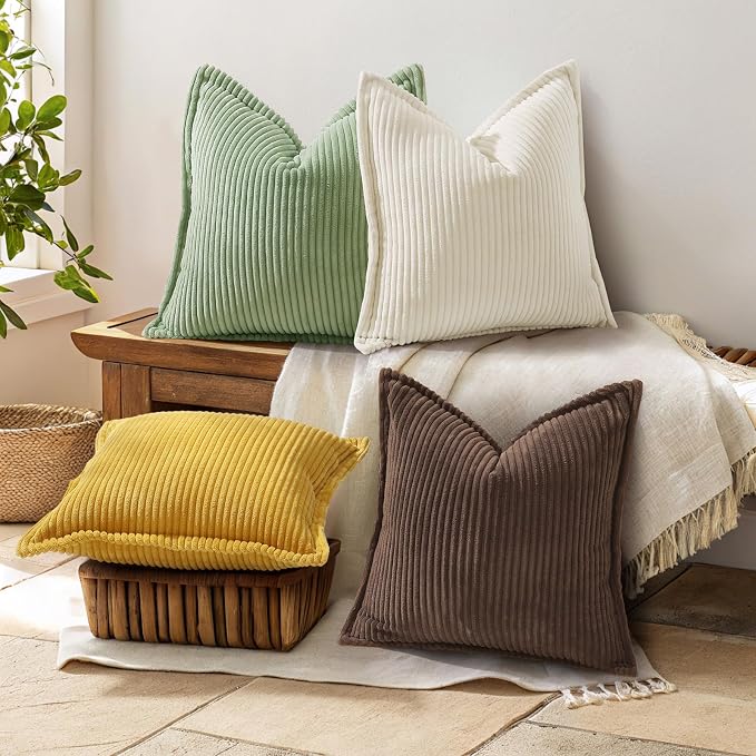 decorUhome Fall Corduroy Dark Brown Throw Pillow Covers 26x26 Set of 2 | Euro Sham Couch Decorative Soft Modern Boho Farmhouse Pillow Covers Broadside Striped Pillow Cases for Living Room Bed Sofa