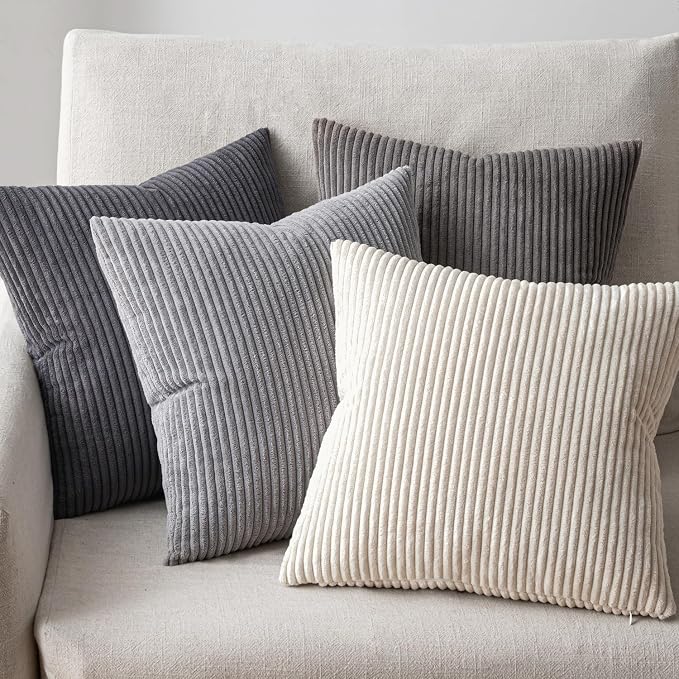 EMEMA Neutral Grey Decorative Throw Pillow Covers 18x18 Inch Set of 4 Boho Farmhouse Corduroy Striped Square Pillow Case,Western Modern Cushion Covers for Couch Bed Livingroom Home Decor