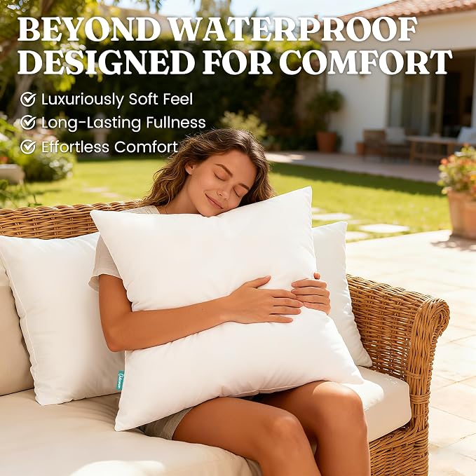 Oubonun 16x16 Waterproof Outdoor Pillow Inserts – Set of 2 Firm & Fluffy, Water Resistant Throw Pillows for Patio, Garden, Porch, or Indoor Decorative