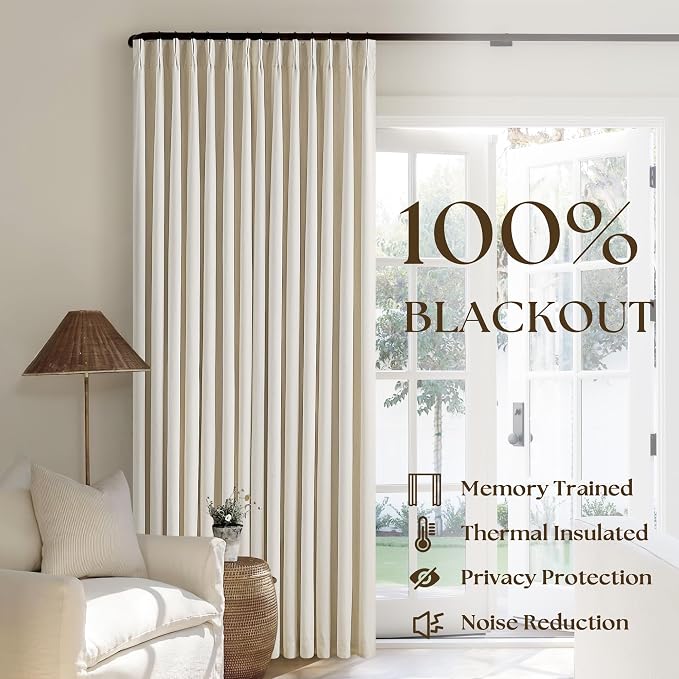Cream Beige Linen Black Out 96 Inch Curtains for Bedroom Windows 2 Panels | Pinch Pleated Back Tab, Flax Linen 2 Layers for Full Blackout, Light Blocking Thermal Insulated, for Bedroom Living Room