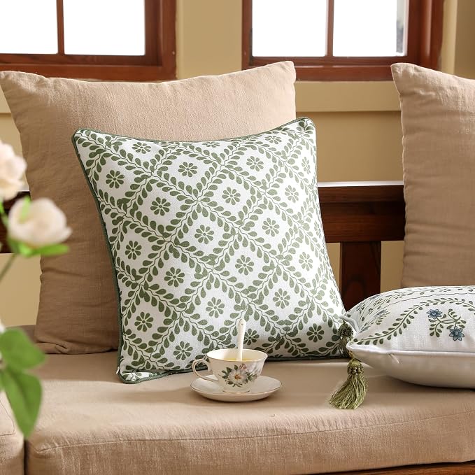 ISAENNE Designer Vintage Linen Throw Pillow Cover,18"x18"-Mosella C | French Elegant Square Decor Pillow Cover,Concealed Zipper Design,Floral Pattern,Sofa,Bedroom,Living Room,Lounge Chairs