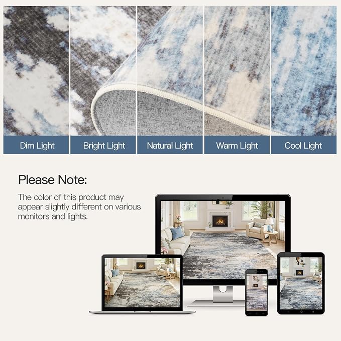 Lofus 8x10 Area Rug for Living Room,Abstract Large Rugs with Non-Slip Backing, Neutral Modern Washable Carpet for Bedroom Dining Room Home Office Nursery Indoor, Dark Grey/Blue