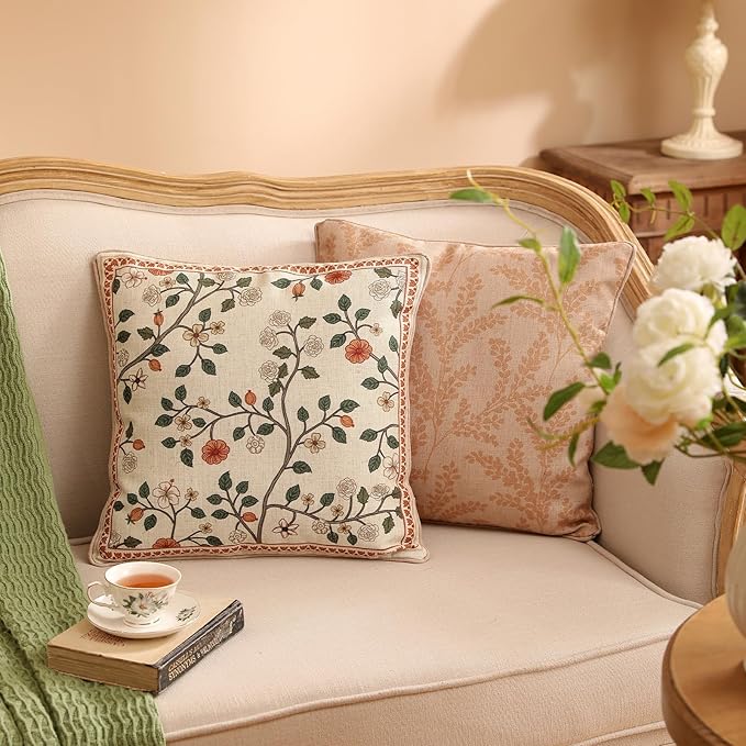 ISAENNE Designer Elegant Linen Throw Pillow Cover,Set of 2,18"x18"-Flora A | French Square Decor Pillow Cover,Concealed Zipper Design,Floral Pattern,Sofa,Bedroom,Living Room,Lounge Chairs