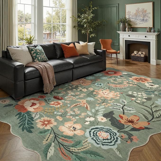 DCX Vintage Floral Rug 6x9, Washable Sage Green Rug for Living Room, Kid & Pet Friendly with Rubber Back Non Slip, Soft Low Pile Carpet, Stain Resistant Rug for Bedroom, Nursery, Dining Room