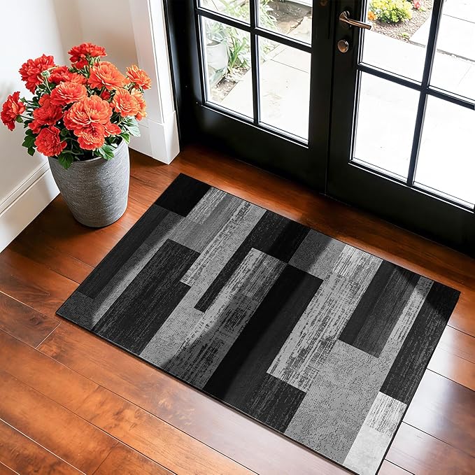 LIANLAM 2x3 Washable Entryway Rug,Non-Slip Indoor Door Mat(2x3,Black&Gray) | Non-Slip Door Mat with Vintage Checkered Pattern, Stain & Water Resistant, Low Pile for Front Door,Hall,Kitchen,Bathroom