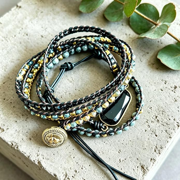Plumiss Women Boho Handmade Natural Stone Crystal Leather Bead Wrap Bracelets Collection