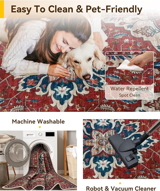 RELEANY Area Rugs Small 2'6"x4' Washable Non-Slip, Floral Vintage Distress Medallion Carpet for Kitchen Entryway Bathroom, Red Blue