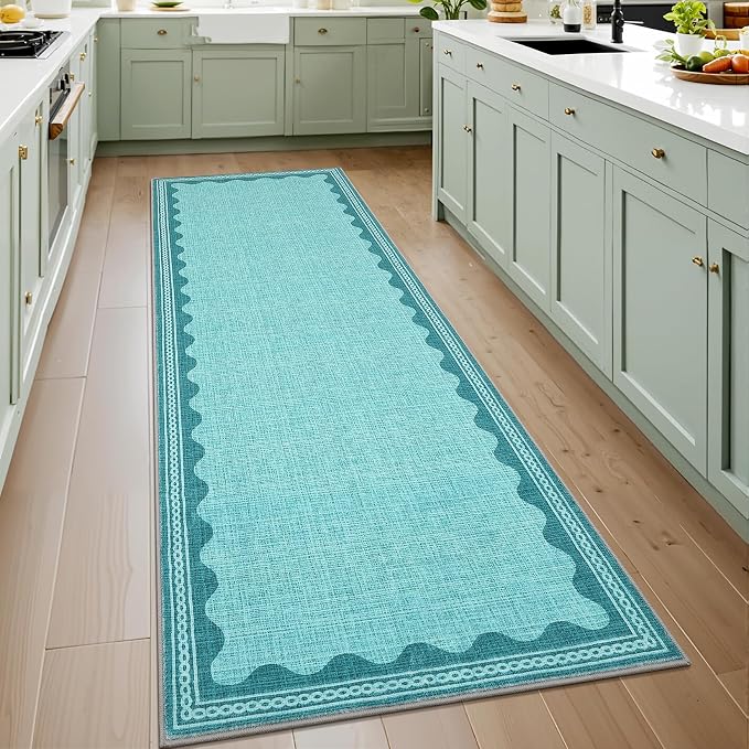 GarveeHome Scalloped Teal 2.5x8 Runner Rug for Hallway Washable Kitchen Rugs Non Slip Solid Modern Soft Low-Pile Indoor Carpet for Entryway Laundry Room Floor Mats TPE Backing