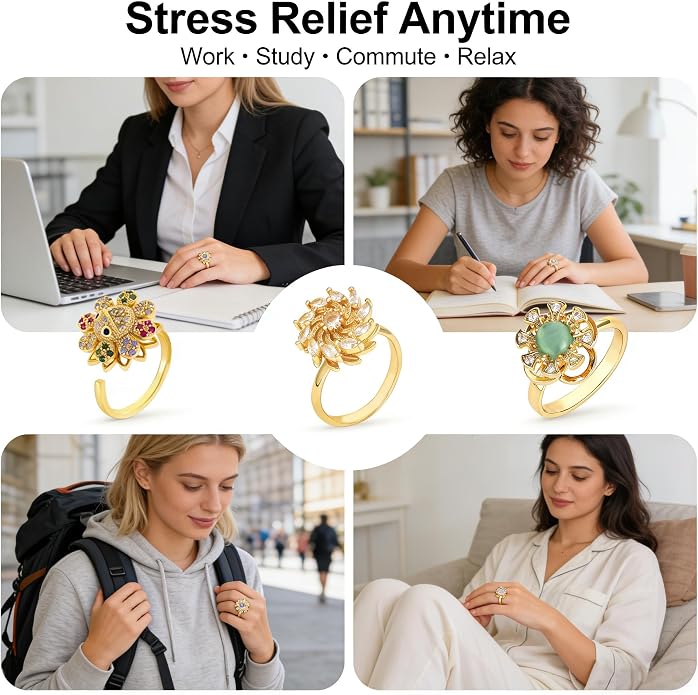 Anxiety Rings for Women, Adjustable Fidget Spinner Rings, 18K Gold Plated Rotating Rings with Cubic Zirconia Butterfly Sunflower Design, Stress Relief Jewelry for Women