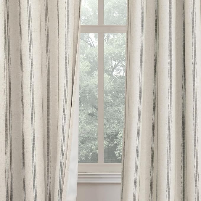DriftAway Farmhouse Linen Stripe Blackout Curtains, W52xL102, Gray | Blackout, Linen Texture, Stripe Pattern, Rod Pocket & Back Tab, Two Layers, Bedroom Living Room Use, Sound Reducing Design