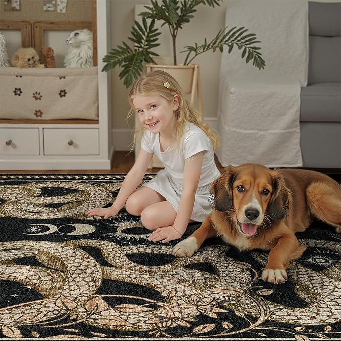 DCX Washable 6x8 Snake Rug, Black Gothic Rug for Living Room, Soft Low Pile Carpet, Kid & Pet Friendly with Rubber Back Non Slip, Stain Resistant Rug for Bedroom Dining Room Office