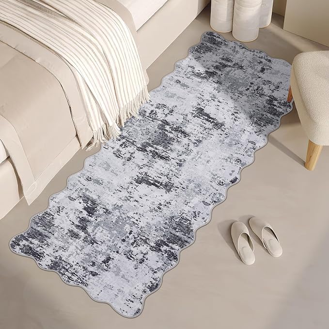 ROYHOME Scalloped Runner Rug 2x6 Modern Abstract Non Slip Soft Stain Resistant Low Pile Machine Washable Non Shed Rug for Hallway Kitchen Bathroom, Grey