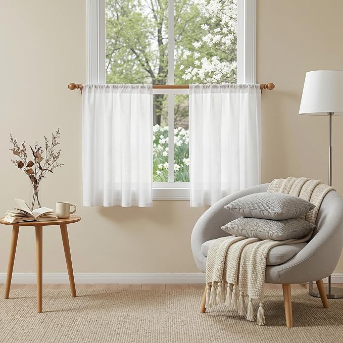 MYSKY HOME Semi Sheer White Curtains 36 Inches Long for Kitchen 2 Panels, Light Filtering Cream Tiers Curtains Rod Pocket Neutral Window Drapes for Bathroom/Cafe/Basement, Pure White, 34 x 36 Inch