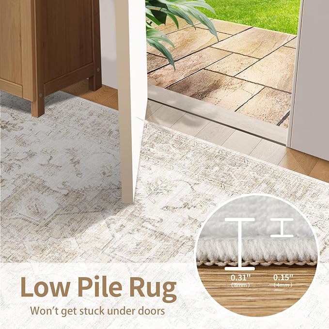Rugxara 10x14 Extra Large Washable Area Rug, Soft Neutral Vintage Boho Rug for Living Room, Bedroom, Office, Farmhouse, Low Pile Imitation Wool Non Slip Carpet Ideal for High-Traffic Areas, Beige