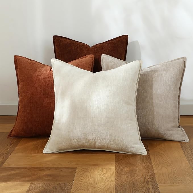 Stellhome Set of 4 Fall Decorative Throw Pillow Covers Soft Textured Accent Solid Chenille Cushion Cover Rustic Farmhouse Pillow Case for Couch Sofa Bedroom Living Room (20x20 inch, Fall)