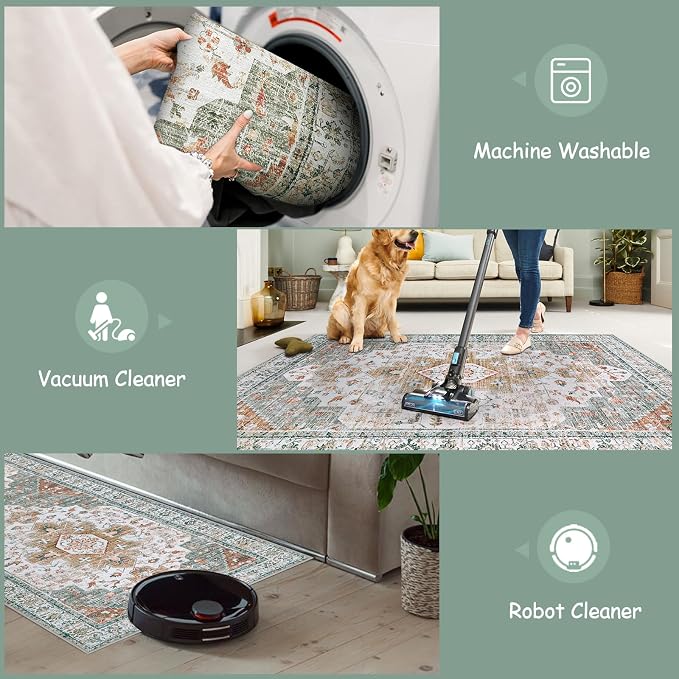 Moynesa Ultra-Thin Washable Runner Rug - 2x6 Bathroom Runner Washable Laundry Room Rug Printed Entryway Carpet Runner, Vintage Pet Friendly Low Pile Runners for Living Bedroom Kitchen, Beige/Gold