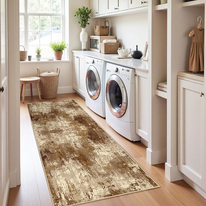 RELEANY Washable Area Rugs 2'x10' Non-Slip Modern Abstract Soft for Living Room Entryway Bedroom Kitchen, Print Pattern, Brown Tan Beige Coffee