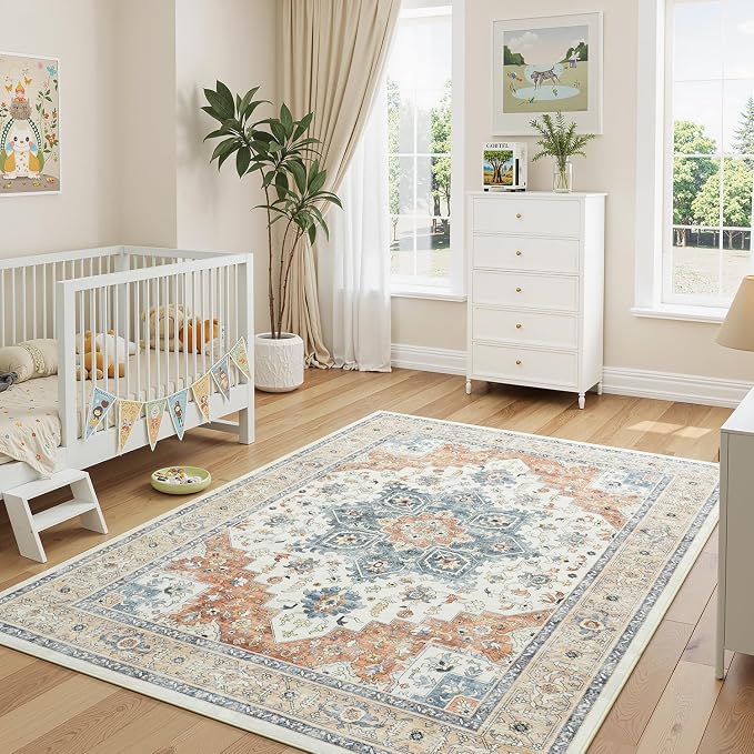 5x7 Bedroom Rug - Boho Aesthetic Floral Beige and Orange, Washable Low Pile Non-Slip Carpet, Stain Resistant Area Rugs for Under Bed, Large Entryway, Kitchen, Playroom, Bed Room, Living Room
